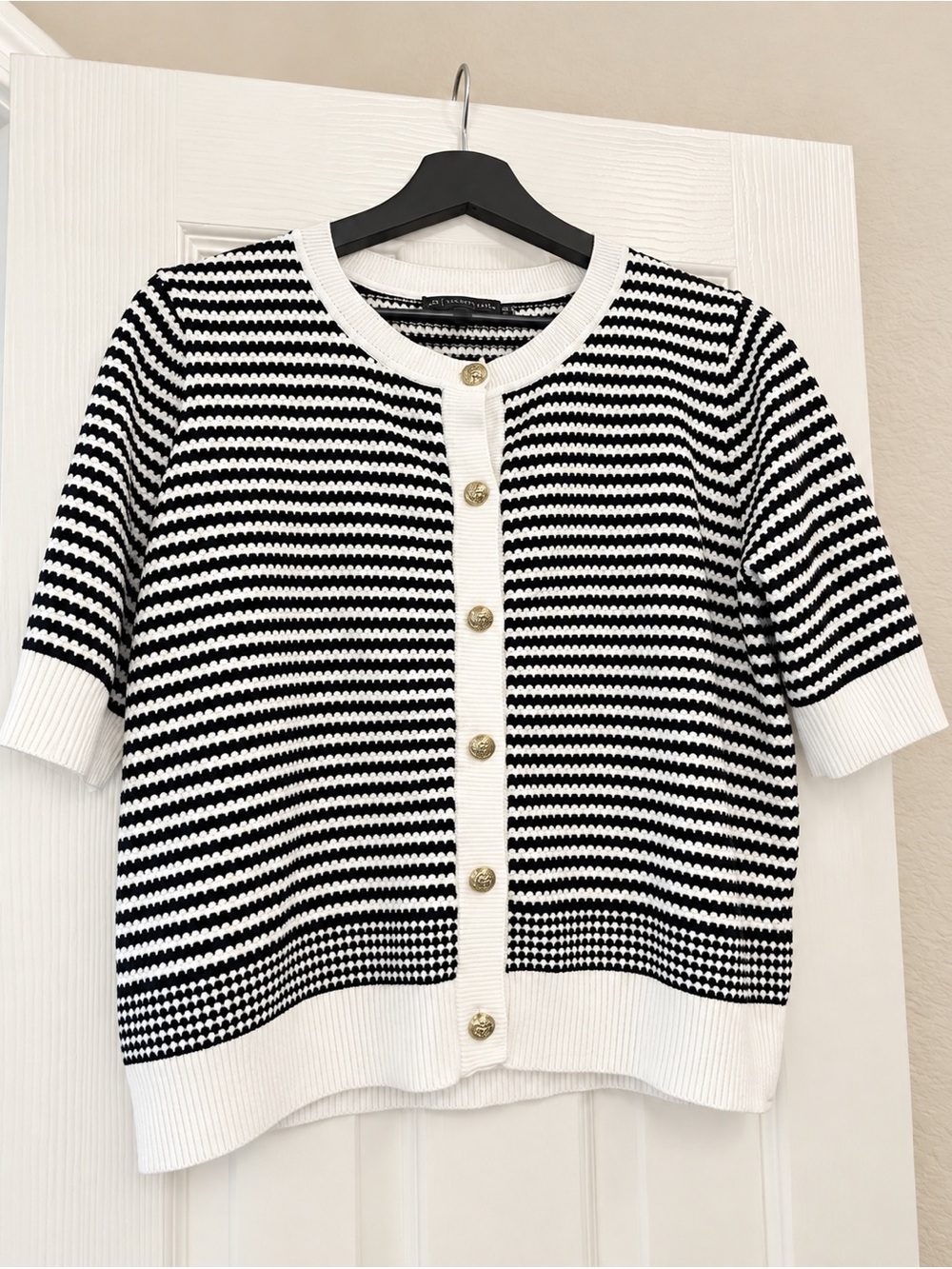 Adrianna Papell Black & White Striped Short-Sleeve Cardigan
